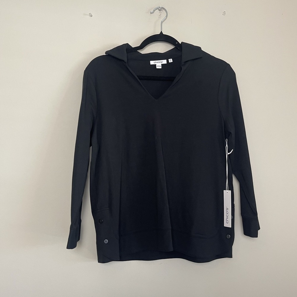 NWT Chico's Black‎ Pullover Top Women's Collared V-Neck Sweatshirt Minimalist